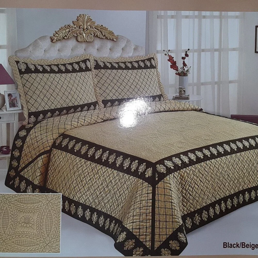 Damascus - Luxury Plush Quilted Bedspread with 3D Embroidery Vintage Royal Gold